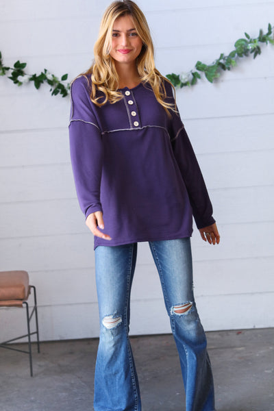 Purple Button Down Terry Outseam Top