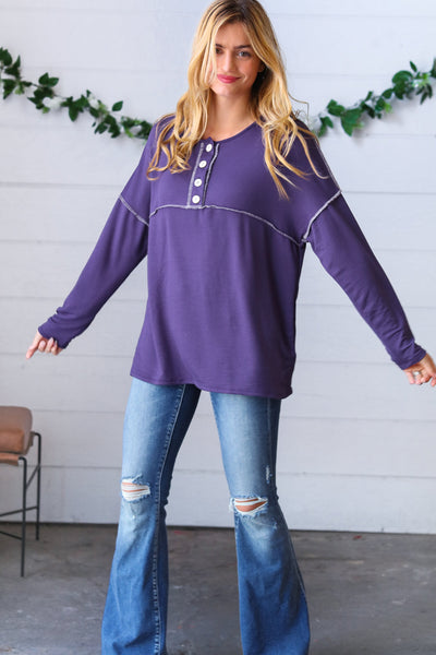 Purple Button Down Terry Outseam Top