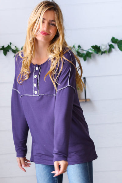 Purple Button Down Terry Outseam Top