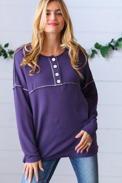 Purple Button Down Terry Outseam Top