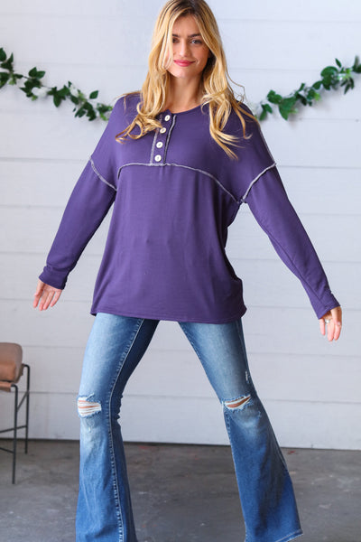 Purple Button Down Terry Outseam Top