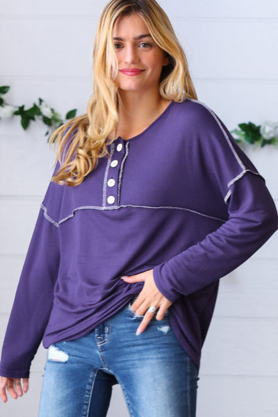 Purple Button Down Terry Outseam Top