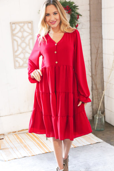Festive Crepe V Neck Button Ruffle Tiered Lined Dress
