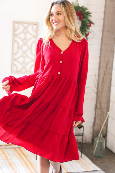 Festive Crepe V Neck Button Ruffle Tiered Lined Dress