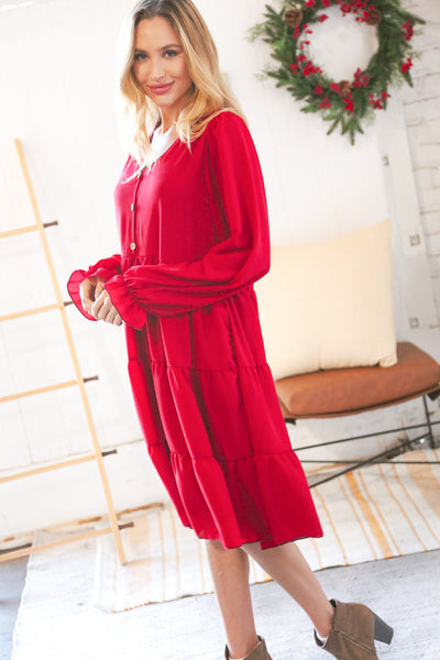 Festive Crepe V Neck Button Ruffle Tiered Lined Dress