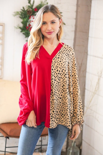 Red & Taupe Leopard Color Block Crepe V Neck Top