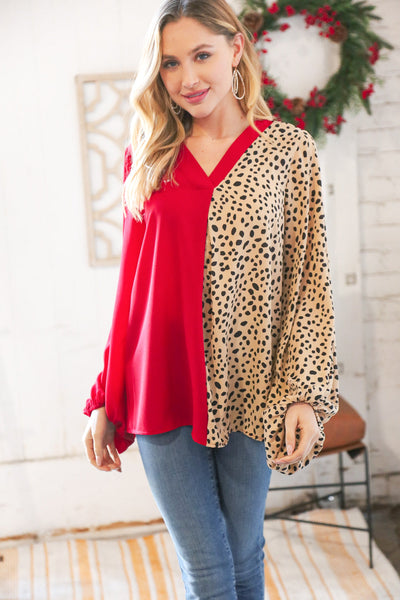Red & Taupe Leopard Color Block Crepe V Neck Top