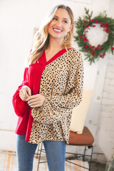 Red & Taupe Leopard Color Block Crepe V Neck Top