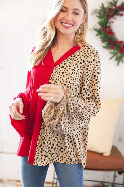 Red & Taupe Leopard Color Block Crepe V Neck Top