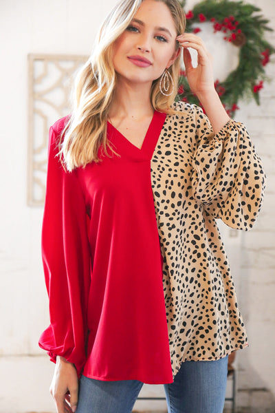 Red & Taupe Leopard Color Block Crepe V Neck Top