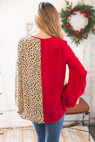 Red & Taupe Leopard Color Block Crepe V Neck Top