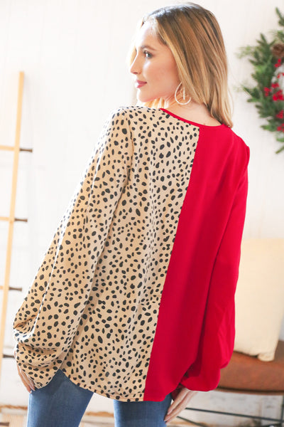 Red & Taupe Leopard Color Block Crepe V Neck Top