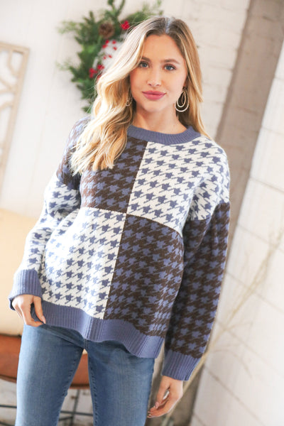Blue & White Holiday Pattern Ribbed Knit Sweater