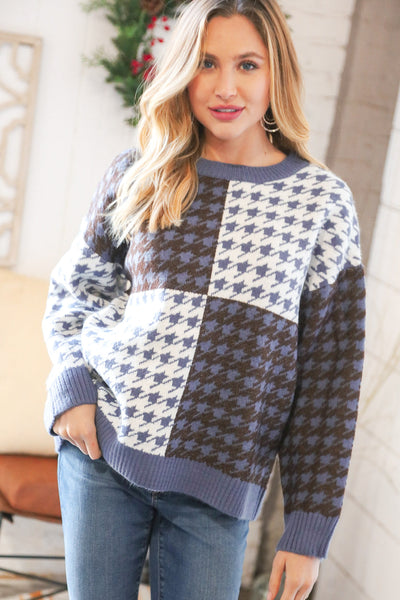Blue & White Holiday Pattern Ribbed Knit Sweater