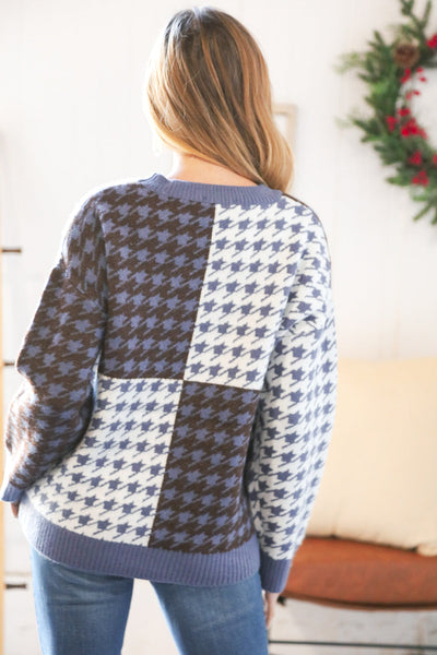 Blue & White Holiday Pattern Ribbed Knit Sweater