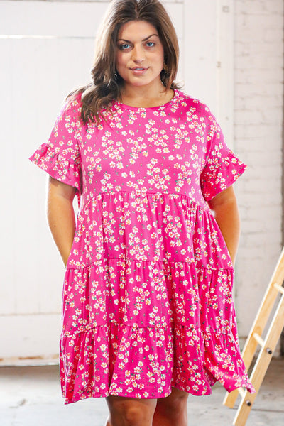 Pink Floral Tiered Flutter Sleeve Pocketed Dress