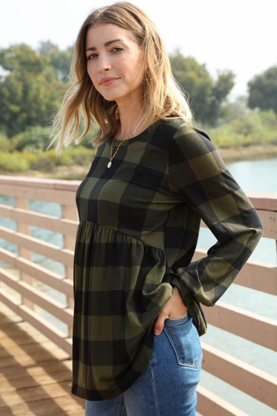Olive Buffalo Plaid Babydoll Hacci Knit Top