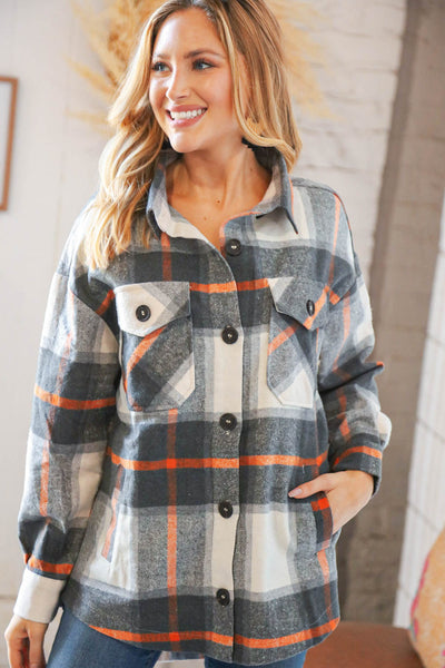 Charcoal Plaid Flannel Button Down Oversized Jacket