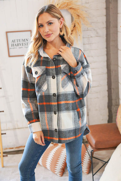 Charcoal Plaid Flannel Button Down Oversized Jacket