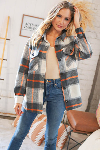 Charcoal Plaid Flannel Button Down Oversized Jacket