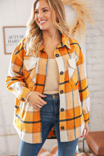 Mustard Plaid Flannel Button Down Oversized Jacket
