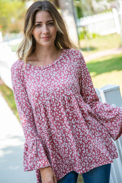 Mauve Brushed Hacci Leopard Print Bell Sleeve Top