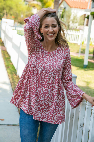 Mauve Brushed Hacci Leopard Print Bell Sleeve Top