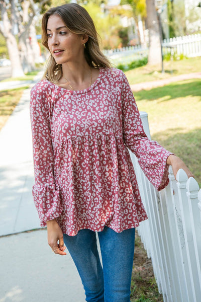 Mauve Brushed Hacci Leopard Print Bell Sleeve Top