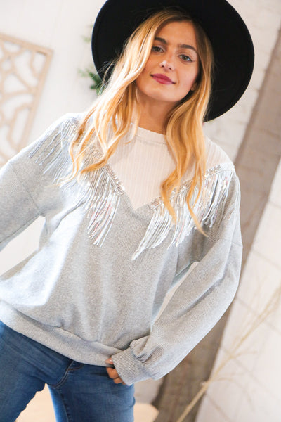 White/Silver Cable Knit Sequin Tassel Hacci Sweater