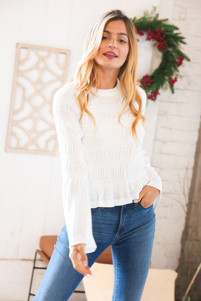 White Pointelle Smocked Bell Sleeve Holiday Top