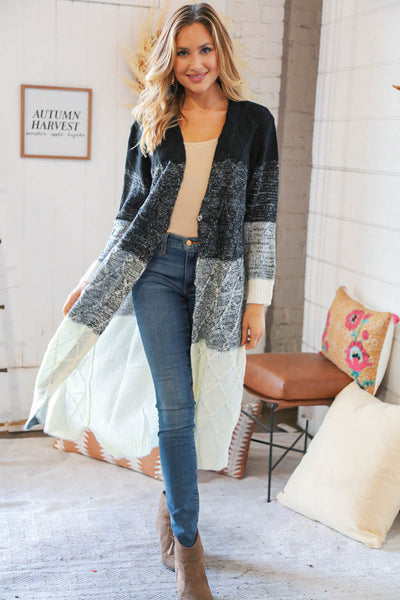 Ombre Black & White Cable Color Block Open Maxi Cardigan