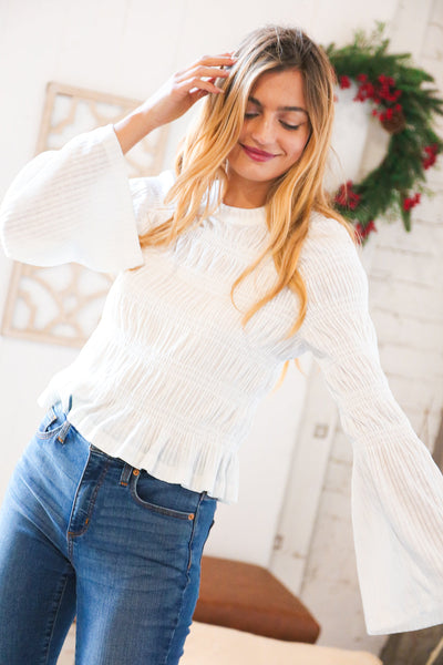 White Pointelle Smocked Bell Sleeve Holiday Top
