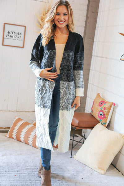 Ombre Black & White Cable Color Block Open Maxi Cardigan