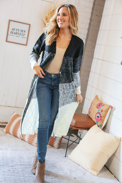 Ombre Black & White Cable Color Block Open Maxi Cardigan