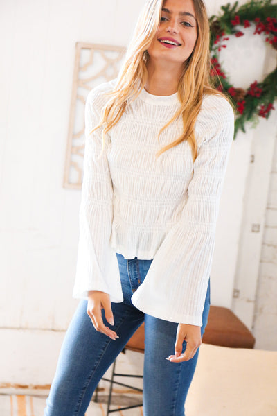 White Pointelle Smocked Bell Sleeve Holiday Top