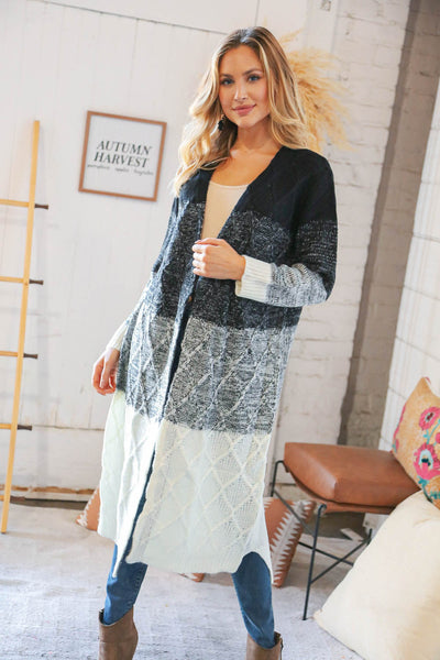 Ombre Black & White Cable Color Block Open Maxi Cardigan