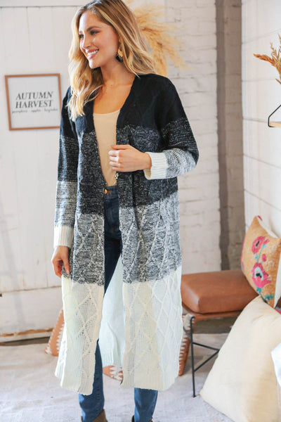 Ombre Black & White Cable Color Block Open Maxi Cardigan