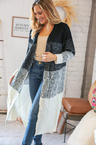 Ombre Black & White Cable Color Block Open Maxi Cardigan