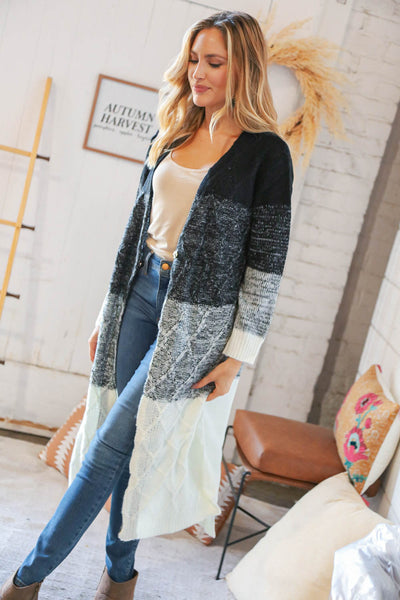 Ombre Black & White Cable Color Block Open Maxi Cardigan