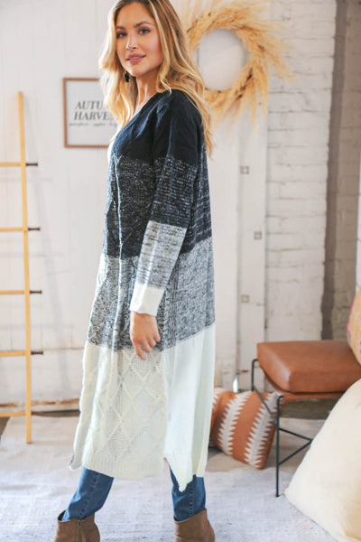 Ombre Black & White Cable Color Block Open Maxi Cardigan