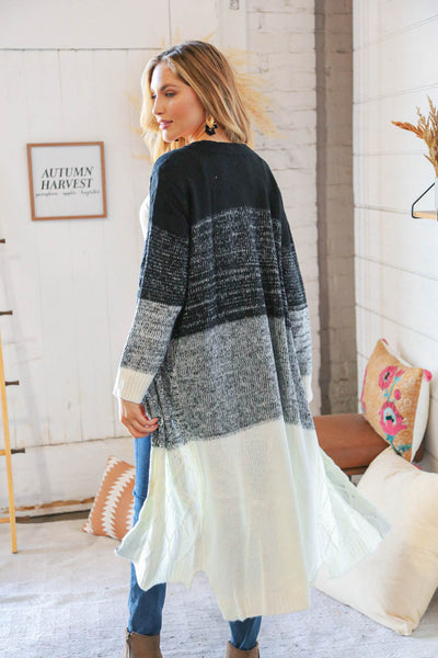 Ombre Black & White Cable Color Block Open Maxi Cardigan