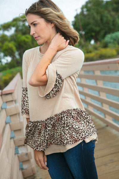 Taupe French Terry Animal Embellished Bell Sleeve Top