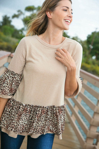 Taupe French Terry Animal Embellished Bell Sleeve Top