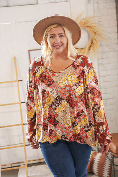 Harvest Floral Patchwork V Neck Knit Blouse