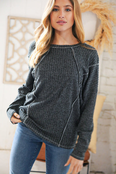 Grey Hacci Rib Drop Shoulder Out Seam Sweater