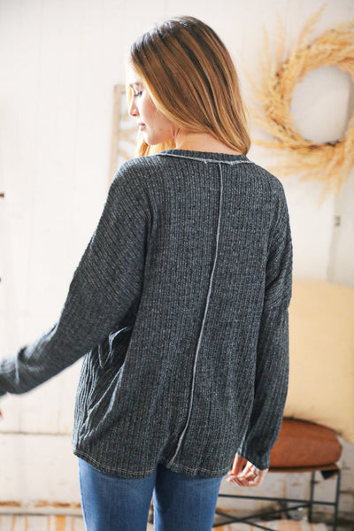 Grey Hacci Rib Drop Shoulder Out Seam Sweater