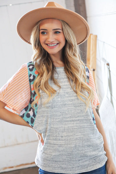 Peach Cotton Slub Rib Leopard Jacquard Knit Top