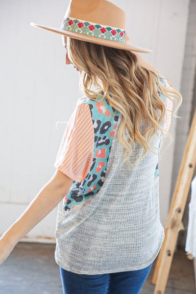 Peach Cotton Slub Rib Leopard Jacquard Knit Top
