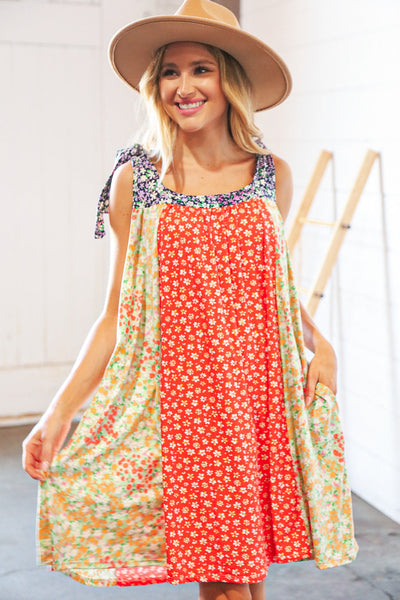 Melon Floral Color Block Shoulder Tie Knot Swing Dress