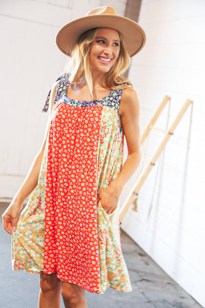 Melon Floral Color Block Shoulder Tie Knot Swing Dress